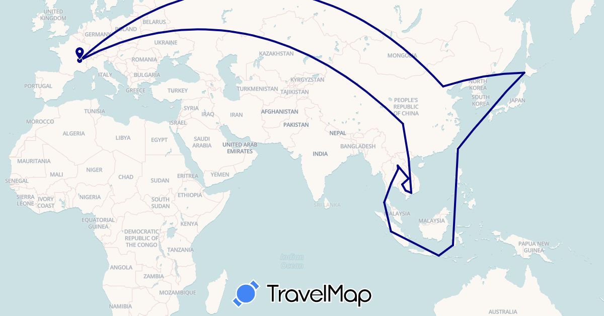 TravelMap itinerary: driving in China, France, Indonesia, Japan, Cambodia, Laos, Thailand, Taiwan, Vietnam (Asia, Europe)